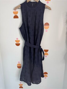 Ann Taylor Navy Eyelet Midi Dress with Tie Waist